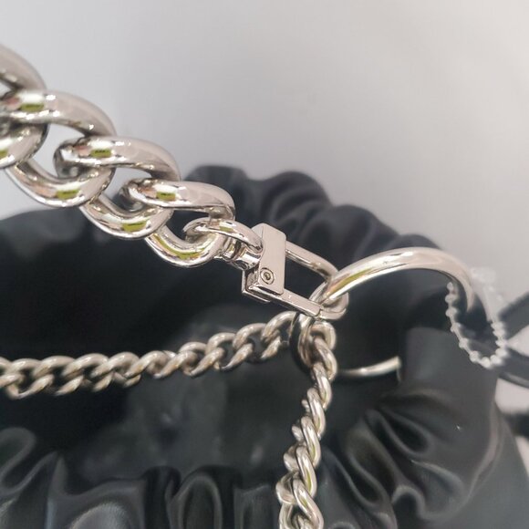 NEWER Faux Leather Black Bucket Crossbody Bag Silver Chain Embroidered Rose - Picture 8 of 13